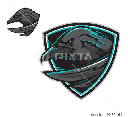 Cartoon raven mascot for sport team club, vector symbol. Basketball or baseball and football soccer or hockey varsity league players mascot badge of angry raven bird in shield chevron 92751694