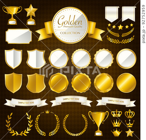 ビンテージ, 金色のメダル,バッジ,リボン,王冠,トロフィーのイラスト,アイコンセット / 白 ビンテージ, 金色のメダル,バッジ,リボン,王冠,トロフィーのイラスト,アイコンセット / 白 92752959