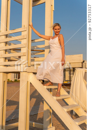 Model paradise tower life lifeguard sunrise beach ocean rescue sand, from summer sea in security and landscape wooden, saver flag. Recreation chair lifesaver, 92753317
