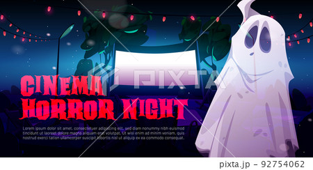 Cinema horror night cartoon banner, funny ghost Cinema horror night cartoon banner, funny ghost 92754062