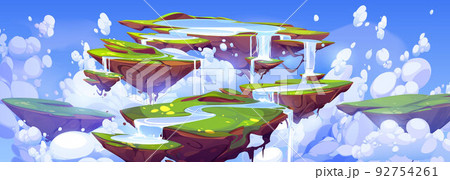 Game landscape with waterfall on floating islands Game landscape with waterfall on floating islands 92754261