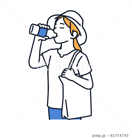 ペットボトルの水を飲む女性のベクターイラスト素材 92754793