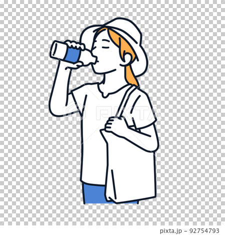 ペットボトルの水を飲む女性のベクターイラスト素材 92754793