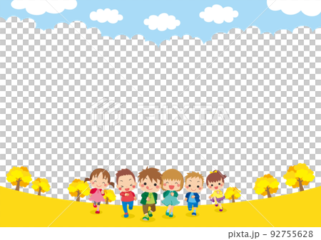 Illustration of cute little children energetically running along the ginkgo tree template copy space background 92755628