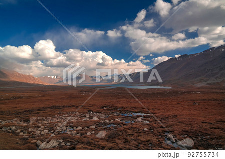 Panoramic view to lakes at Barskoon pass, river and gorge and Sarymoynak pass, Jeti-Oguz, Kyrgyzstan 92755734