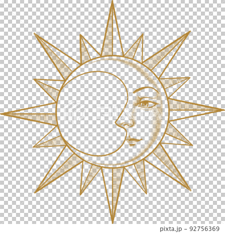 線画に顔のある月と光輪 92756369