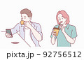 Drinks and leisure concept. Happy young woman and man with cup of tea or coffee at home. Hand drawn in thin line style, vector illustrations. 92756512