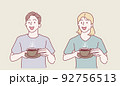 Drinks and leisure concept. Happy young woman and man with cup of tea or coffee at home. Hand drawn in thin line style, vector illustrations. 92756513