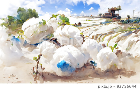 Cotton fields with some houses on background and fluffy fantasy clouds 92756644