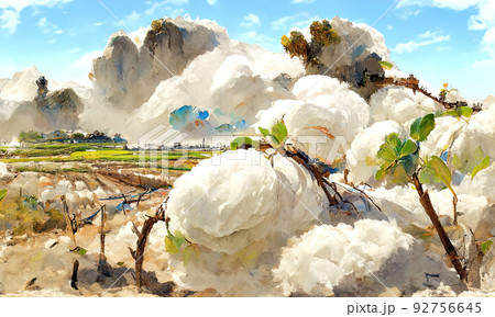 Cotton fields with some houses on background and fluffy fantasy clouds Cotton fields with some houses on background and fluffy fantasy clouds 92756645