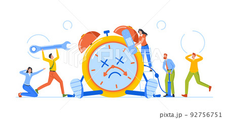 Time is Over Concept. Tiny Male and Female Characters Trying to Fix Broken Alarm Clock. Office Men and Women with Wrench 92756751