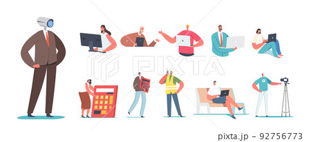 Set of Male and Female Characters with Different Technics and Devices. Men and Women with Computer, Calculator, Camera 92756773