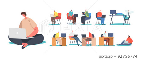 Set Men and Women Freelancers or Office Workers Working on Computers Isolated on White Background 92756774