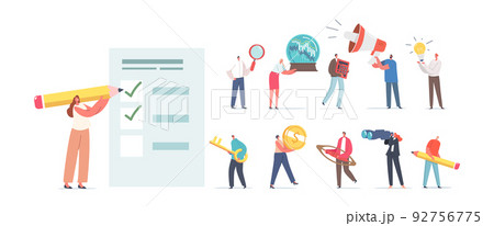 Set of Tiny Male Female Characters with Different Things. Isolated Men or Women with Key, Pencil, Magnifier, Loudspeaker 92756775
