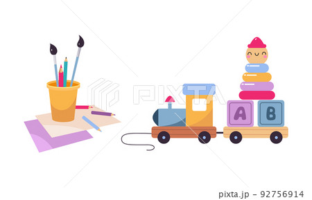 Train with Blocks and Pyramid and Cup with Pencil and Brush as Colorful Kids Toy Vector Set 92756914