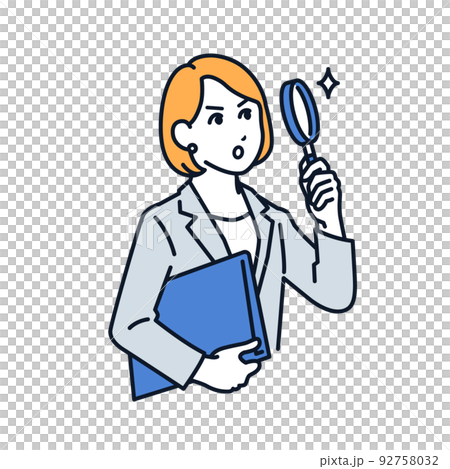 虫眼鏡を覗くスーツの女性のベクターイラスト素材 92758032