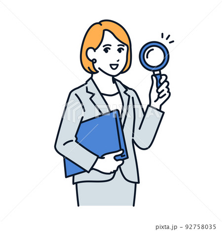 虫眼鏡を持つスーツの女性のベクターイラスト素材 92758035