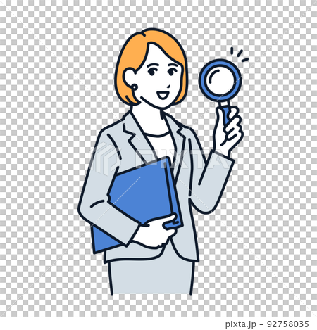 虫眼鏡を持つスーツの女性のベクターイラスト素材 92758035