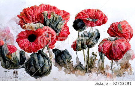 Abstract composition of very detailed fantasy red poppy flowers. 92758291