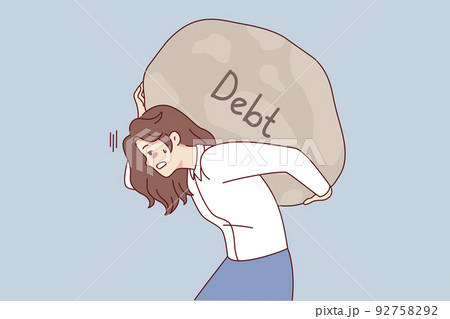 Tired woman carry debt stone on back 92758292