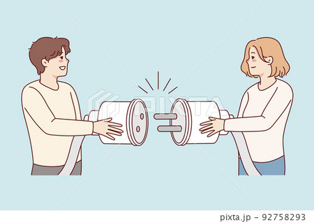 Man and woman connect electric plug in pocket Man and woman connect electric plug in pocket 92758293