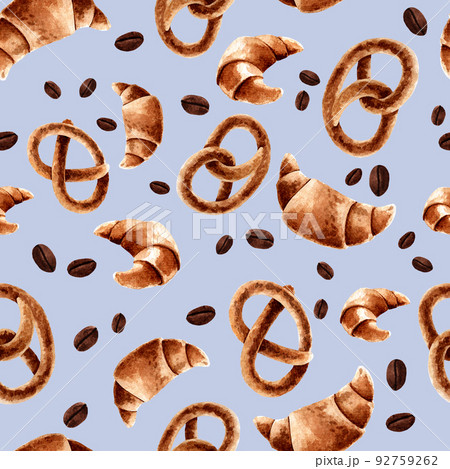 Watercolor illustration Craft geometric seamless pattern of croissant and pretzel for decoration, decor, handicrafts, printing, prints, st Watercolor illustration Craft geometric seamless pattern of croissant and pretzel for decoration, decor, handicrafts, printing, prints, st 92759262