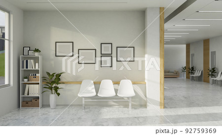 Modern minimal white hospital or clinic corridor and waiting room interior design with white chairs 92759369