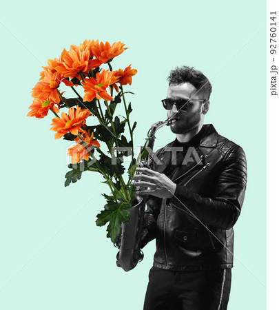 Stylish man playing saxophone on light background. Modern design. Conceptual, contemporary art collage. Retro style, surrealism, fashionable. 92760141
