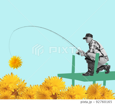 Fisherman fishing for flowers over blue background. Contemporary art collage. Concept of vintage retro style, creativity, imagination and ad. Surrealism Fisherman fishing for flowers over blue background. Contemporary art collage. Concept of vintage retro style, creativity, imagination and ad. Surrealism 92760165