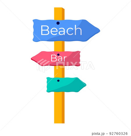 Flat road sign to summer beach and bar. Concept of summer sports and leisure outdoor activities, walking. Flat vector. Flat road sign to summer beach and bar. Concept of summer sports and leisure outdoor activities, walking. Flat vector. 92760326