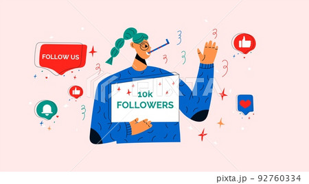 Smiling people celebrate large number of followers on social media. Blogging concept, influencer marketing, network promotion, SMM banner, landing page, flyer Smiling people celebrate large number of followers on social media. Blogging concept, influencer marketing, network promotion, SMM banner, landing page, flyer 92760334