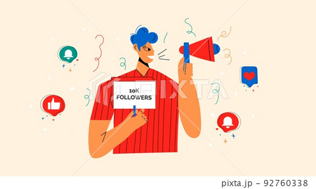 Smiling people celebrate large number of followers on social media. Blogging concept, influencer marketing, network promotion, SMM banner, landing page, flyer 92760338