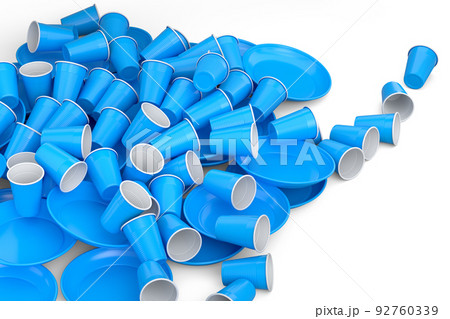 Heap of disposable utensils like plate, folk, spoon,knife and cup on white. 92760339