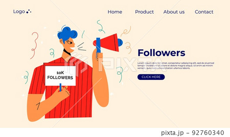 Smiling people celebrate large number of followers on social media. Blogging concept, influencer marketing, network promotion, SMM banner, landing page 92760340