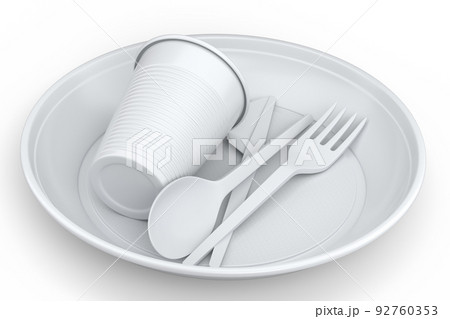 Set of disposable utensils like plate, folk, spoon,knife and cup on white. 92760353