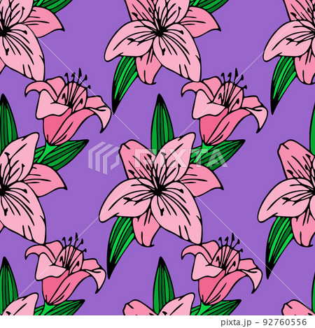 seamless repeating pattern of large pink lily flowers on a purple background, texture, design 92760556