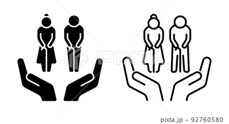 高齢者介護、老夫婦をケアするホームヘルバーの手のベクターアイコン素材セット白黒 92760580