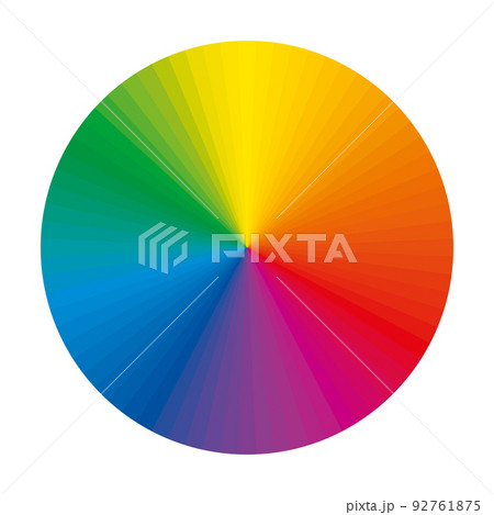Color wheel with an extended spectrum of complementary color segments. Circle with 72 rainbow colored sections and unique color hues, used in art and for paintings. Theory of mixing of primary colors. Color wheel with an extended spectrum of complementary color segments. Circle with 72 rainbow colored sections and unique color hues, used in art and for paintings. Theory of mixing of primary colors. 92761875