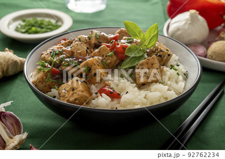 Tofu with white rice, stir fry tofy meat in bowl. Healthy vegan lifestyle food 92762234