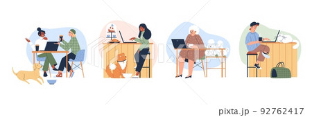 People in pet friendly cafe with cats and dogs flat vector illustration isolated. 92762417