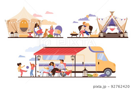Tourist resting in glamping scenes collection, flat vector illustration isolated. 92762420