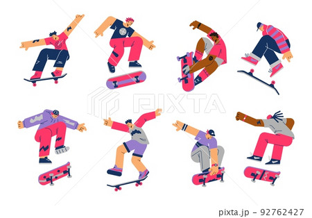 Young people jumping on skateboards, flat vector illustration isolated on white background. 92762427