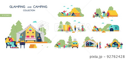 Glamping and camping collection with people relaxing in nature, flat vector illustration isolated on white background. 92762428