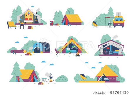 Glamping and camping comfortable tents with furniture, flat vector illustration isolated on white background. 92762430