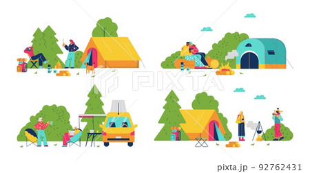 Glamping tourism with comfortable tents and campervans, flat vector illustration isolated on white background. 92762431