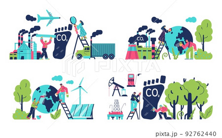 Set of scenes with people about carbon footprint reduction flat style 92762440