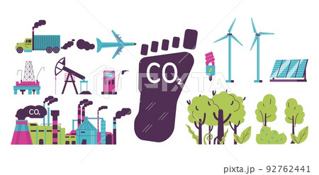 Carbon footprint or CO2 pollution set of flat vector illustrations isolated. 92762441