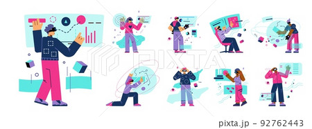 Set of people in VR glasses researching metaverse flat style 92762443