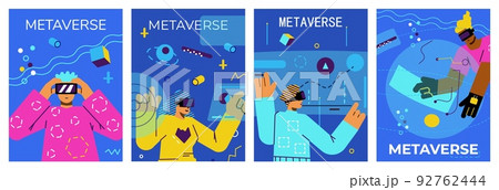 Metaverse cards or banners with people characters, flat vector illustration. 92762444