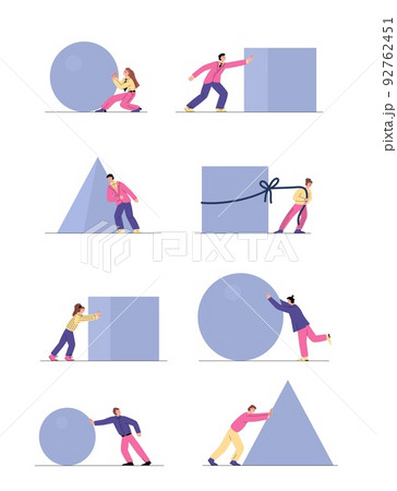 Business men and women pushing and pulling heavy stones, flat vector illustration isolated on white background. Business men and women pushing and pulling heavy stones, flat vector illustration isolated on white background. 92762451